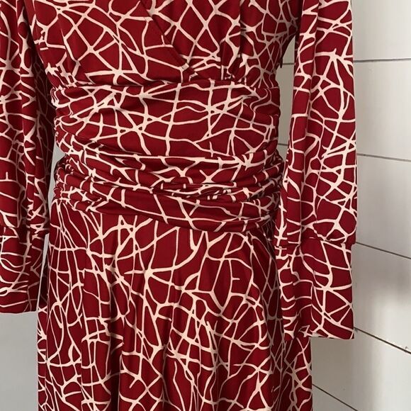 BCBGMaxAzria | Burnt Orange Giraffe Pattern Print Faux Wrap Ruched Dress | M - Picture 3 of 10